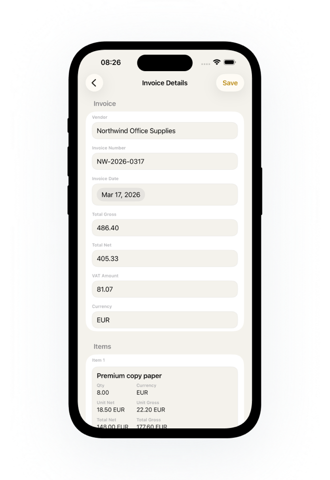 Invoice detail screen with editable vendor, totals, VAT, currency, and line items.